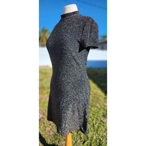 Forever 21 Black Holographic Glitter Mock Neck Mini Dress Keyhole Back Size L